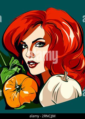 Red Haired Girl in the Green Kitchen, nello stile della grafica Pop Art, bianco scuro e arancione scuro, belle donne, Halloween, poster d'epoca D. Illustrazione Vettoriale