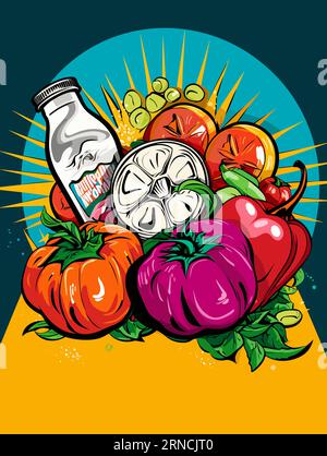 Un'illustrazione di verdure, frutta e olio d'oliva, nello stile dei graffiti colorati, argento chiaro e arancio scuro, poster pubblicitari, oggetti di scena simbolici, Illustrazione Vettoriale