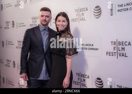 Tribeca Film Festival: Premiere The Devil and the Deep Blue Sea (160415) -- NEW YORK, Apr. 15, 2016 -- Singer-composer Justin Timberlake and his wife actress-producer Jessica Biel pose on the red carpet for the world premiere of the movie The Devil and the Deep Blue Sea during the 2016 Tribeca Film Festival in New York, the United States, on April 14, 2016. ) lixchangxiang PUBLICATIONxNOTxINxCHN   Tribeca Film Festival Premiere The Devil and The Deep Blue Sea 160415 New York Apr 15 2016 Singer Composer Justin Timberlake and His wife actress Producer Jessica Biel Pose ON The Red Carpet for The Stock Photo