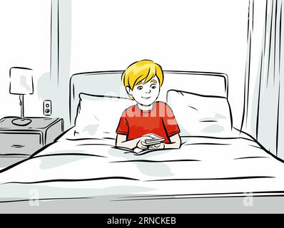 A Boy Is Sitting On A Bed Reading A Book, In The Style Of Editorial Cartooning, Red And Amber, Digitally Enhanced Stock Vector