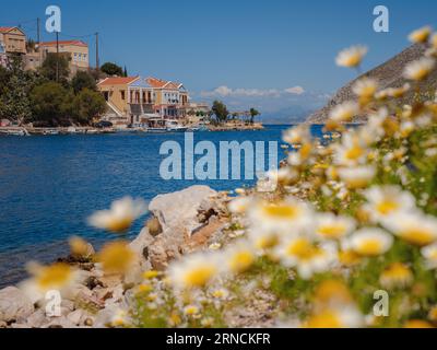 Isola di Symi, Grecia. Vacanze nelle isole della Grecia da Rodi nel Mar Egeo. Case colorate in stile neoclassico nella baia di Symi. Informazioni generali sui viaggi di vacanza. vista f Foto Stock