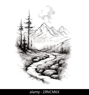 A Man In Black And White Walking Down A Deserted Road Full Moon, In The Style Of Intricate Psychedelic Landscapes, Charming Character Illustrations, C Stock Vector