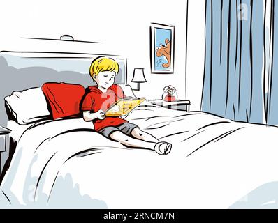 A Boy Reading on A Bed, in the Style of Editorial Cartooning, Red and Amber, illustrazioni molto dettagliate Illustrazione Vettoriale