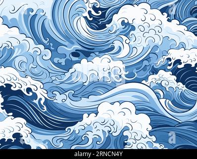 Modello di ondulazione del mare giapponese, Uno splendido motivo senza cuciture con Un mare giapponese su bianco, paesaggi marini tempestosi, acqua iperrealistica, tradizionale cinese P. Illustrazione Vettoriale