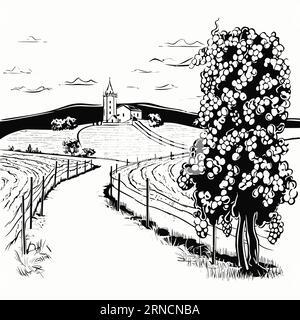Un disegno in bianco e nero di Un Sentiero attraverso la campagna con Una vigna e fiori, nello stile di affascinanti illustrazioni di carattere Illustrazione Vettoriale