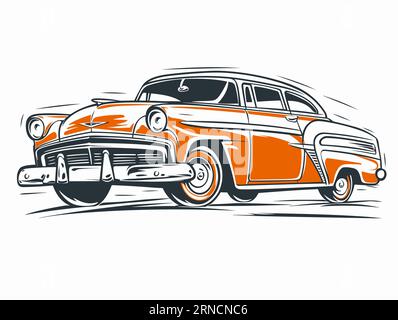 Old Us Car Orange Vector Drawing Icon, Graphic, Retro Vintage Auto Design Car, Vector Illustration In The Style Of Woodcut Illustrazione Vettoriale