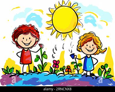 Cartoni animati coppia di bambini con sole e fiori, nello stile dell'esperienza sensoriale, colorazione, disegno, colori vivaci nella natura, alta risoluzione, gruppo M. Illustrazione Vettoriale