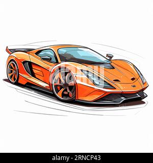 Art Of Car Drawing Orange Modern Sports Car, In The Style Of Caricature-Like Illustrations, Rounded, Subtle Ink Application Illustrazione Vettoriale