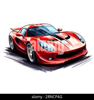 Un'auto sportiva rossa che attraversa lo sfondo bianco, nello stile dei disegni colorati Illustrazione Vettoriale