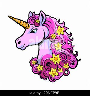 Un unicorno rosa con fiori nella criniera, nello stile dei fumetti colorati, ombreggiatura ad alto contrasto, viola chiaro e giallo, vortici vortici, Str Illustrazione Vettoriale