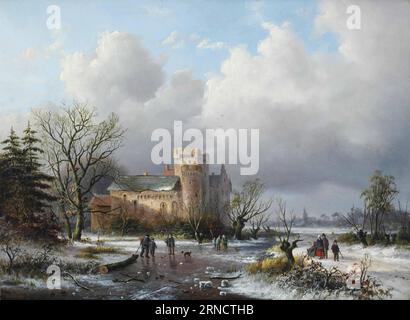 Un paesaggio invernale con figure sul ghiaccio vicino a un castello di Alexander Joseph Daiwaille Foto Stock