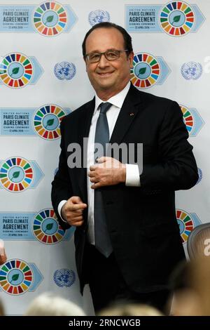 French President Francois Hollande attends a joint press conference with Segolene Royal, Minister of Ecology, Sustainable Development and Energy of France, United Nations Secretary-General Ban Ki-moon and Christiana Figueres, the Executive Secretary of the UN Framework Convention on Climate Change (UNFCCC) (not in picture) following the the high-level signing ceremony for Paris climate agreement at the United Nations headquarters in New York, April 22, 2016. Leaders from at least 175 countries have signed the landmark Paris Agreement on climate change here, marking the first step toward the pa Stock Photo