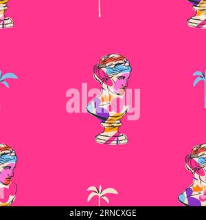 Grafica astratta vettoriale disegnata a mano, statue di sculture greche antiche e arte a colonna con motivo senza cuciture moderno. Scultura classica d'epoca antica Illustrazione Vettoriale