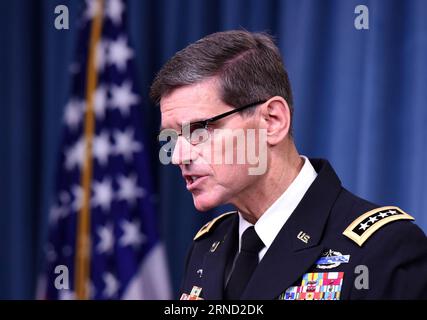 PK des US-Militärs zum Luftangriff auf MSF-Krankenhaus il generale Joseph Votel, capo del comando centrale degli Stati Uniti, presenta i media al Pentagono di Washington D.C., negli Stati Uniti, il 29 aprile 2016. Un ente medico di beneficenza il cui ospedale in Afghanistan è stato bombardato dalle forze statunitensi lo scorso anno ha detto venerdì che l'operazione militare statunitense non è riuscita a rispettare le leggi fondamentali della guerra. All'inizio della giornata, il Pentagono ha affermato che il suo attacco aereo all'ospedale per traumi, gestito dal Medici senza frontiere (MSF), non era un crimine di guerra perché non intenzionale. ) U.S.-WASHINGTON D.C.-AFGHANISTAN-AIRSTRIKE-INVES Foto Stock