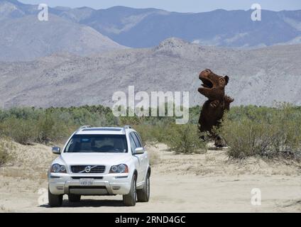 (160502) -- LOS ANGELES, May 2, 2016 -- A steel welded monster is seen in the desert of Borrego Springs, Los Angeles, the United States on May 2, 2016. Dennis Avery, a late philanthropist of Borrego Springs, envisioned the idea of adding Sky Art to his property with original steel welded sculptures created by artist Ricardo Breceda based in Perris, California. Besides a 350-foot-long fanciful serpent, visitors can see over 130 metal sculptures installed in the desert of Borrego Springs. ) U.S.-LOS ANGELES-BORREGO SPRINGS-SKY ART-SCULPTURE YangxLei PUBLICATIONxNOTxINxCHN   160502 Los Angeles Ma Stock Photo