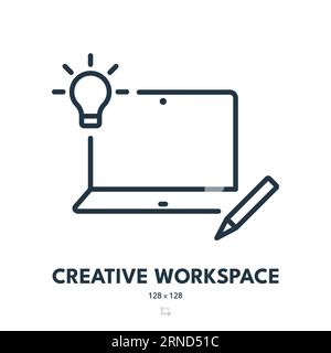 Icona area di lavoro creativa. Ambiente di lavoro, notebook, contemporaneo. Tratto modificabile. Icona vettore semplice Illustrazione Vettoriale