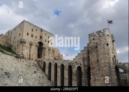 (160505) -- PECHINO, 5 maggio 2016 -- la foto del file scattata il 19 gennaio 2012 mostra persone che visitano la cittadella di Aleppo ad Aleppo, in Siria. La cittadella di Aleppo è un grande palazzo medievale fortificato nel centro della città vecchia di Aleppo. )(zhf) SYRIA-ALEPPO-FILE LixMuzi PUBLICATIONxNOTxINxCHN 160505 Pechino 5 maggio 2016 file foto scattata IL 19 gennaio 2012 mostra celebrità che visitano la Cittadella di Aleppo ad Aleppo in Siria la Cittadella di Aleppo È un grande palazzo fortificato medievale nel centro della città vecchia di Aleppo zhf Siria Aleppo file LiXMuzi PUBLICATIONxNOTxINxCHN Foto Stock