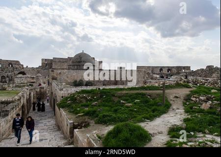 (160505) -- PECHINO, 5 maggio 2016 -- la foto del file scattata il 19 gennaio 2012 mostra persone che visitano la cittadella di Aleppo ad Aleppo, in Siria. La cittadella di Aleppo è un grande palazzo medievale fortificato nel centro della città vecchia di Aleppo. )(zhf) SYRIA-ALEPPO-FILE LixMuzi PUBLICATIONxNOTxINxCHN 160505 Pechino 5 maggio 2016 file foto scattata IL 19 gennaio 2012 mostra celebrità che visitano la Cittadella di Aleppo ad Aleppo in Siria la Cittadella di Aleppo È un grande palazzo fortificato medievale nel centro della città vecchia di Aleppo zhf Siria Aleppo file LiXMuzi PUBLICATIONxNOTxINxCHN Foto Stock