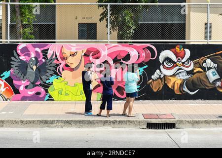 (160515) -- NAKHON SAWAN, May 15, 2016 -- Locals look at newly completed graffiti works outside a waste water treatment plant in the city of Nakhon Sawan in central Thailand, on May 15, 2016. Over sixty street artists from all over Thailand have been invited to the Nakhon Sawan Street Art Project by the municipal government from May 13 to 15. Within three days, the artists have succeeded in turing the blank outer walls of a local waste water treatment plant into a graffiti gallery that stretches for about four hundred meters. ) THAILAND-NAKHON SAWAN-POP CULTURE-STREET ART-GRAFFITI LixMangmang Stock Photo