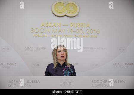 (160519) -- SOCHI, May 19, 2016 -- Russian Foreign Ministry spokeswoman Maria Zakharova speaks at a press conference in Sochi, Russia, May 19, 2016. Russian Foreign Ministry on Thursday reiterated that the country sticks to one-China policy. ) RUSSIA-SOCHI-FOREIGN MINISTRY-ONE-CHINA POLICY BaixXueqi PUBLICATIONxNOTxINxCHN   160519 Sochi May 19 2016 Russian Foreign Ministry spokeswoman Mary Zakharova Speaks AT a Press Conference in Sochi Russia May 19 2016 Russian Foreign Ministry ON Thursday reiterated Thatcher The Country Sticks to One China Policy Russia Sochi Foreign Ministry One China Poli Stock Photo