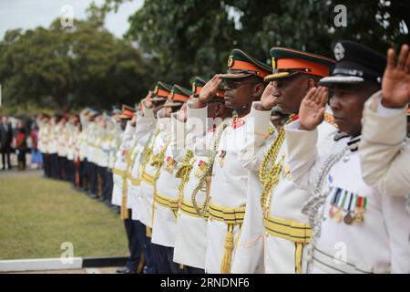 (160525) -- LUSAKA, May 25, 2016 -- Officers and soldiers salute at the Freedom Statue during a wreath-laying ceremony in honor of fallen freedom fighters in Lusaka, capital of Zambia, May 25, 2016. Zambia commemorated the Africa Freedom Day in colorful celebrations. ) ZAMBIA-LUSAKA-AFRICA FREEDOM DAY PengxLijun PUBLICATIONxNOTxINxCHN   160525 Lusaka May 25 2016 Officers and Soldiers Salute AT The Freedom Statue during a Wreath Laying Ceremony in HONOR of Fall Freedom Fighters in Lusaka Capital of Zambia May 25 2016 Zambia commemorated The Africa Freedom Day in Colorful celebrations Zambia Lus Stock Photo