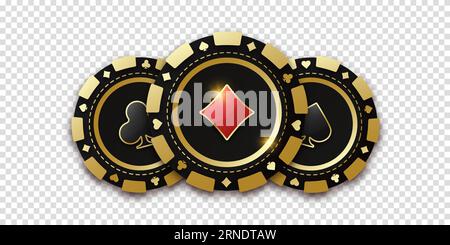 Chip da gioco realistico con la tuta di diamante al centro, gettoni da gioco. Trio di chip o gettone da gioco. Poker o casinò concettuali. Moneta da gioco Illustrazione Vettoriale