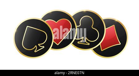 Glossy playing card suit symbol with gold border. Hearts, diamonds, clubs and spades chips signs icons. Vector illustration chips. White background Illustrazione Vettoriale