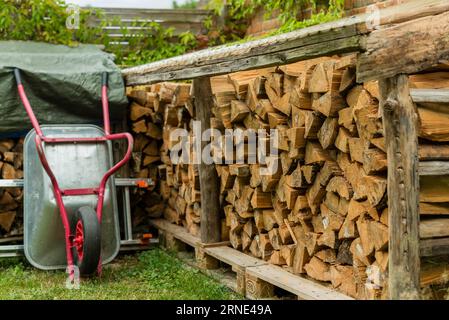 Legna da ardere impilata per l'inverno, con una carriola appoggiata sullo sfondo Foto Stock