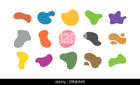 Set di elementi liquidi colorati. Elementi colorati in blob fluido. Forme liquide, elementi astratti rotondi. Forme a blocchi in colori neon. Acqua semplice Illustrazione Vettoriale