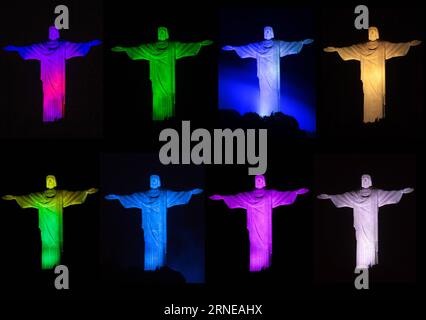 (160616) -- BEIJING , Jun. 16, 2016 -- The combo photo taken in 2014 shows the statue of Christ the Redeemer illuminated with different colors of light in Rio de Janeiro, Brazil. The Rio 2016 Olympic Games will be held from August 5 to 21. )(wll) (SP)FILES-BRAZIL-RIO DE JANEIRO-OLYMPICS-CITY XuxZijian PUBLICATIONxNOTxINxCHN   160616 Beijing jun 16 2016 The Combo Photo Taken in 2014 Shows The Statue of Christ The redeemer illuminated With different Colors of Light in Rio de Janeiro Brazil The Rio 2016 Olympic Games will Be Hero from August 5 to 21 wll SP Files Brazil Rio de Janeiro Olympics Cit Foto Stock