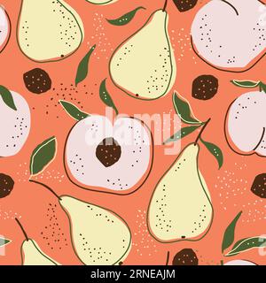 Vettore di pattern vettoriale senza cuciture Peach and PEA. Frutta ruvida estate colorata per bambini Illustrazione Vettoriale