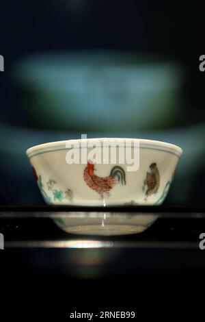 Photo taken on June 15, 2016 shows a cup with a chicken design, which represents the most exquisite type of Ming dynasty porcelain, displayed in the Asian Art Museum of San Francisco, the United States. The Asian Art Museum of San Francisco put on a media preview of its exhibition Emperors Treasures: Chinese Art From Taipei Palace Museum on Wednesday. The exhibition will present about 150 imperial artworks spanning the Song dynasty in the early 12th century to the Qing dynasty in the early 20th century between June 17 to September 18, 2016, with most of the pieces appearing for the first time Stock Photo
