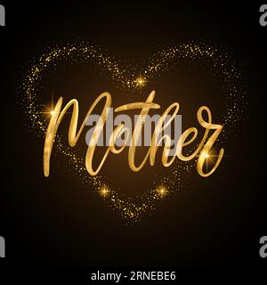 Madre ama la carta del cuore. Grafica della carta calligrafica con scritta in oro vettoriale 3d luccicante Illustrazione Vettoriale