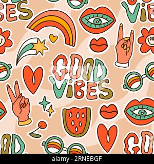 Buone vibrazioni motivo vintage senza cuciture hippie groovy vettoriale con cuore, mano, anguria, occhiali e labbra Illustrazione Vettoriale