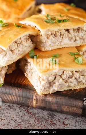 Fresh Ñrescent rolls pie of minced pork with cream cheese close-up on a wooden board on the table. Vertical Foto Stock