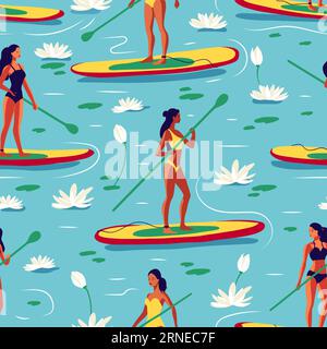 Woman on a SUP board on the lake among water lily flowers SUP boarding sports summer seamless vector pattern in a flat cartoon style Illustrazione Vettoriale