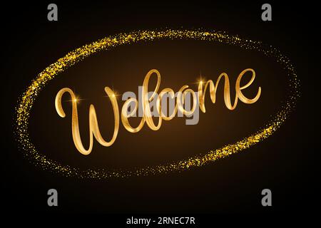 Testo brillante di benvenuto. Grafica della carta calligrafica con scritta in oro vettoriale 3d luccicante Illustrazione Vettoriale