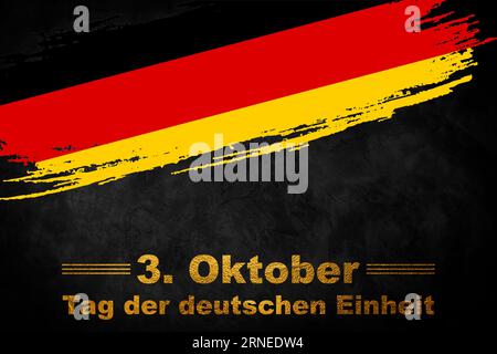 Germany Unity Day Greeting card, 3 ottobre, Tag der Deutschen Einheit, bandiera nazionale tedesca su sfondo nero. Sfondo celebrativo. Foto Stock