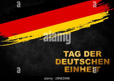 Germany Unity Day Greeting card, 3 ottobre, Tag der Deutschen Einheit, bandiera nazionale tedesca su sfondo nero. Sfondo celebrativo. Foto Stock