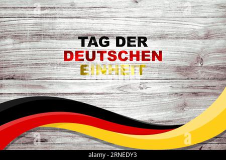 Day of German Unity Tag der Deutschen Einheit, illustrazione grafica vettoriale su sfondo ligneo. Foto Stock