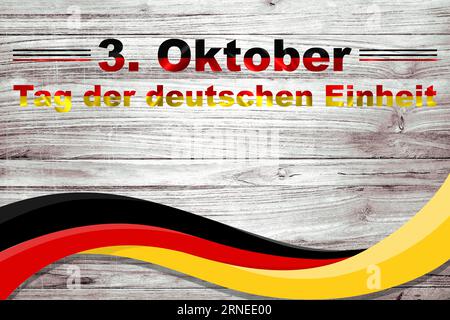 Day of German Unity Tag der Deutschen Einheit, illustrazione grafica vettoriale su sfondo ligneo. Foto Stock