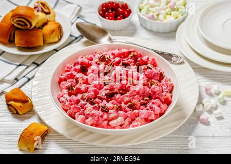 Insalata cremosa di mirtilli rossi con mini marshmallow, mela fresca e noci pecan in ciotola bianca su tavolo di legno bianco con dolci alla cannella, Natale americano Foto Stock
