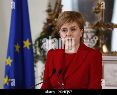 160624 -- EDINBURGH, June 24, 2016 -- Scottish First Minister Nicola Sturgeon speaks at a press conference in Edinburgh, Scotland, Britain, June 24, 2016. Scottish First Minister Nicola Sturgeon said here Friday a second independence referendum was highly likely after Britain voted to leave the EU.  BRITAIN-SCOTLAND-BREXIT-NICOLA STURGEON Scottishxgovernment PUBLICATIONxNOTxINxCHN Stock Photo