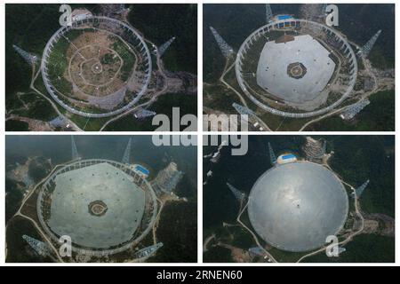 Riesiges Radioteleskop FAST in Pingtang, Cina (160629) -- PINGTANG, 29 giugno 2016 -- foto combinata scattata il 2 agosto 2015 (L, Up), 16 dicembre 2015 (R, in alto), il 9 marzo 2016 (L, in basso) e il 29 giugno 2016 (R, in basso) mostrano diverse fasi di assemblaggio del riflettore del telescopio sferico di apertura da cinquecento metri, o FAST, nella contea di Pingtang, nella provincia di Guizhou della Cina sud-occidentale. FAST, il radiotelescopio più grande al mondo, ha un riflettore simile a un piatto, di 500 metri di diametro e composto da 4.450 pannelli. Ora i tecnici hanno assemblato il 99,8% dei pannelli. Il lavoro di assemblaggio di Foto Stock