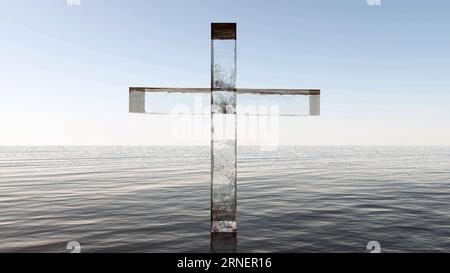 Croce di vetro in piedi nel mare. Illustrazione di Christian 3D Foto Stock