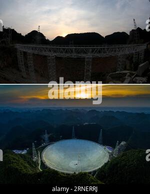 (160703) -- PINGTANG, 2 luglio 2016 () -- la foto combinata mostra la vista del tramonto del telescopio sferico di apertura di cinquecento metri (VELOCE) in una valle carsica nella contea di Pingtang nella provincia di Guizhou della Cina sud-occidentale scattata il 24 luglio 2014 (in su) (foto fornita dagli osservatori Astronomici nazionali dell'Accademia Cinese delle Scienze) e foto del progetto quasi finito di FAST scattato il 27 giugno 2016 (foto del fotogiornalista Ou Dongqu). L'installazione è stata completata sul più grande radiotelescopio del mondo la domenica mattina, poiché l'ultimo dei 4.450 pannelli è stato montato al centro del b Foto Stock