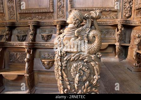 Qui, presso l'abbazia di Moutier d'Ahun, una cittadina situata nella regione di Creuse, nella Francia centrale rurale, si può ammirare un'intricata opera barocca del XVII secolo. Foto Stock