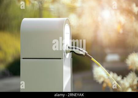 la stazione di ricarica elettrica per auto elettriche plug-in e mobility per ottenere l'alimentazione dal terminale direttamente alle stazioni di rifornimento del collo del bocchettone di rifornimento si trovano nella natura accanto a f Foto Stock