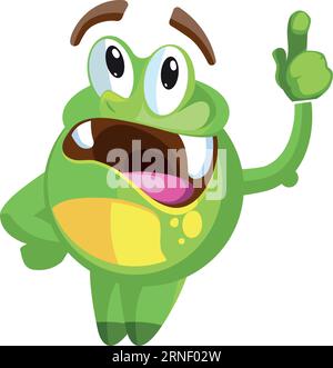 Buffo mostro verde che punta il dito. Creatura dei cartoni animati Illustrazione Vettoriale