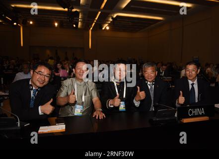 (160715) -- ISTANBUL, 15 luglio 2016 -- i rappresentanti cinesi posano per le foto dopo che il paesaggio culturale dell'arte rupestre di Zuojiang Huashan della Cina è stato aggiunto alla lista del patrimonio mondiale durante la 40a sessione del Comitato del patrimonio mondiale tenutasi a Istanbul, in Turchia, il 15 luglio 2016. Il paesaggio culturale dell'arte rupestre di Zuojiang Huashan della Cina è stato aggiunto alla Lista del Patrimonio Mondiale qui il venerdì. ) TURCHIA-ISTANBUL-PATRIMONIO MONDIALE-CINESE ROCK ART PAESAGGIO CULTURALE HexCanling PUBLICATIONxNOTxINxCHN 160715 Istanbul 15 luglio 2016 i rappresentanti cinesi posano per le foto dopo il paesaggio culturale dell'Arte rupestre di Huashan della Cina cosa Foto Stock